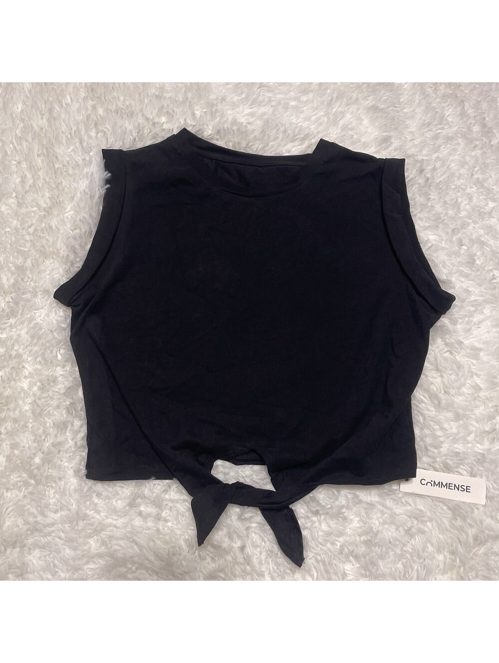 Commense Crop Top Size L Black Sleeveless Cap Sleeve Tie Front Hem NWT New